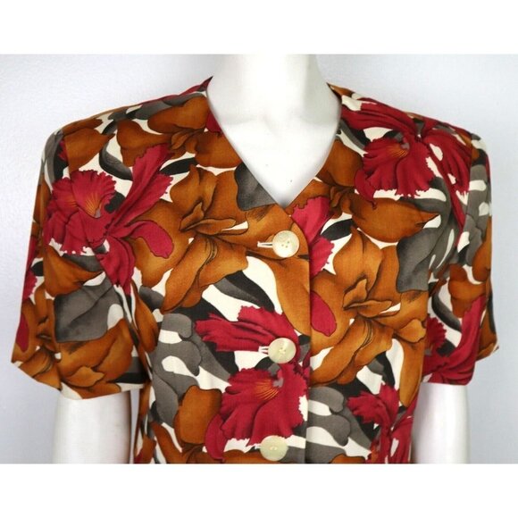 RED & GOLD FLORAL PRINT BLOUSE SHORT SLEEVE JACKET RENA ROWAN FOR SAVILLE - 10 - Picture 2 of 5